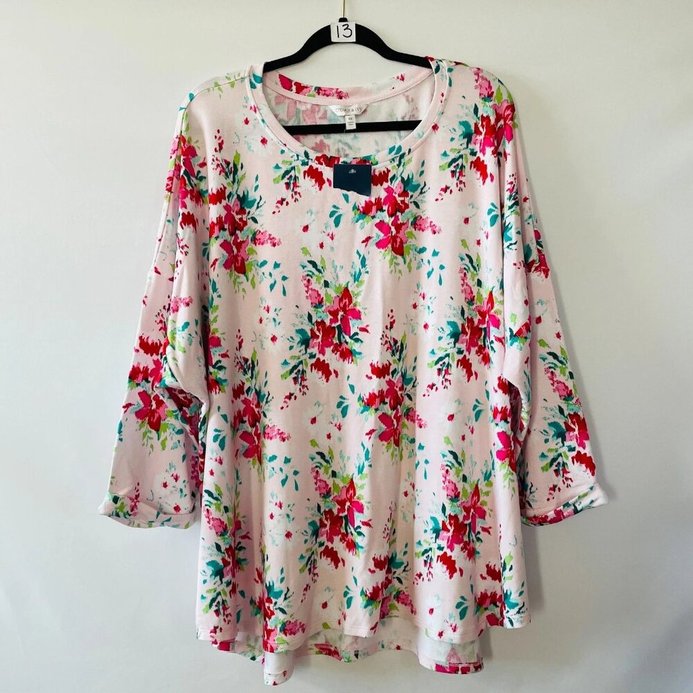 NWT Crown & Ivy Womens Baby Pink 3/4 Sleeve Floral Oversized Top Plus Size 4X - Picture 1 of 8